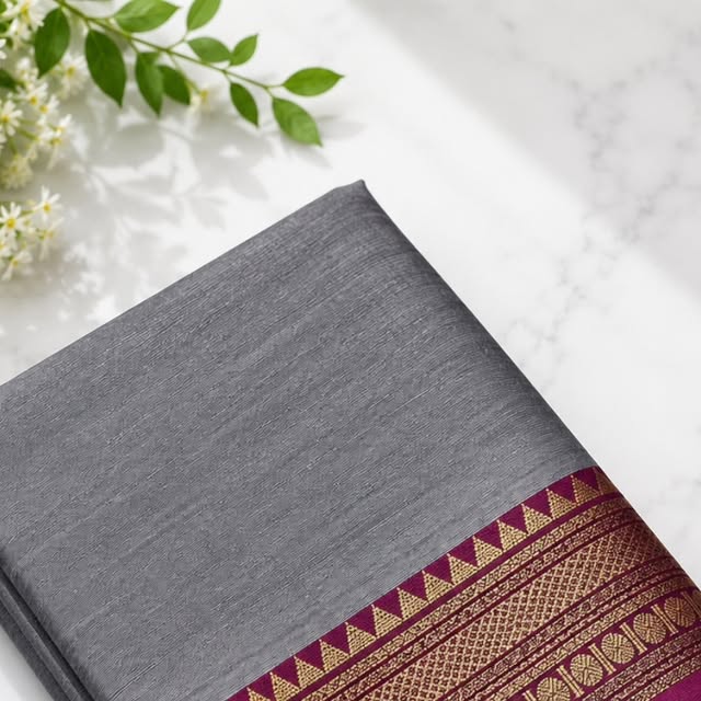 Grey Chettinad Cotton — Magenta & Gold Zari Border